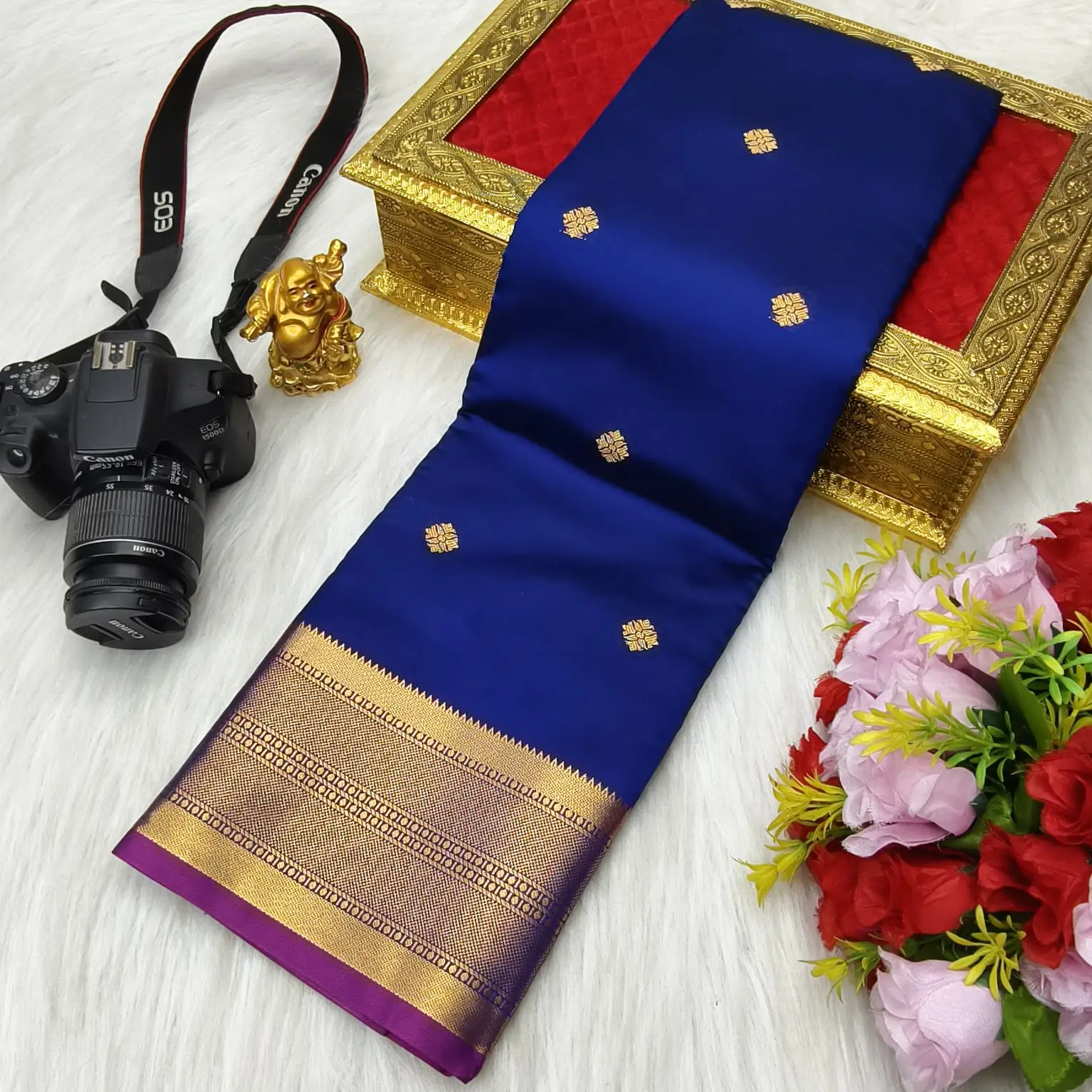 Royal Blue Golden Zari Butta Contrast Fusion Soft Silk Saree